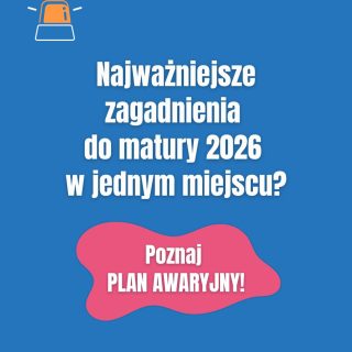 Skomentuj słowem "awaria", a my wyślemy Ci szczegóły PLANU AWARYJNEGO, który pozwoli Ci zdać maturę na 60%+!

Nie pozwól, aby czas dyktował Ci warunki! 🚀

Plan awaryjny to skrócona wersja kursu, która pozwoli Ci skutecznie nadrobić zaległości i przygotować się do egzaminu w maksymalnie krótkim czasie. A to wszystko -100 zł do 18.02!

Jak działa?
To strategiczny program nauki, który eliminuje chaos i pozwala Ci skupić się na kluczowych tematach:

1. Koncentrujesz się na najważniejszych zagadnieniach i uczysz się dokładnie tego, co ma największe szanse pojawić się na maturze.
2. Ćwiczysz na zadaniach maturalnych: realne arkusze i pytania egzaminacyjne pomogą Ci w nauce przez praktykę.
3. Powtarzasz i eliminujesz błędy. Dostajesz materiały, które pomogą Ci utrwalić wiedzę i uniknąć typowych pułapek na egzaminie.

Marka własna

#matura2026 #matura #PlanAwaryjny#klasamaturalna #matematyka #chemia #jezykpolski #fizyka #geografia #historia #hiszpański #wos #niemiecki #biologia #angielski #korepetycje #nauka #szkoła #maturzystki #maturzyści #zajecia #zajęcia #lekcjeonline #uczymy #uczmysię #motywacjadonauki #wsparcie #maturalna #nauczyciele #nauczyciel